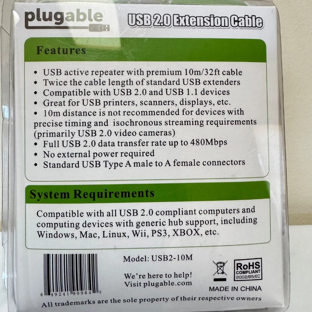 Plugable 10 Meter (32ft) USB 2.0 Active Extension Cable Type A Male to A Female